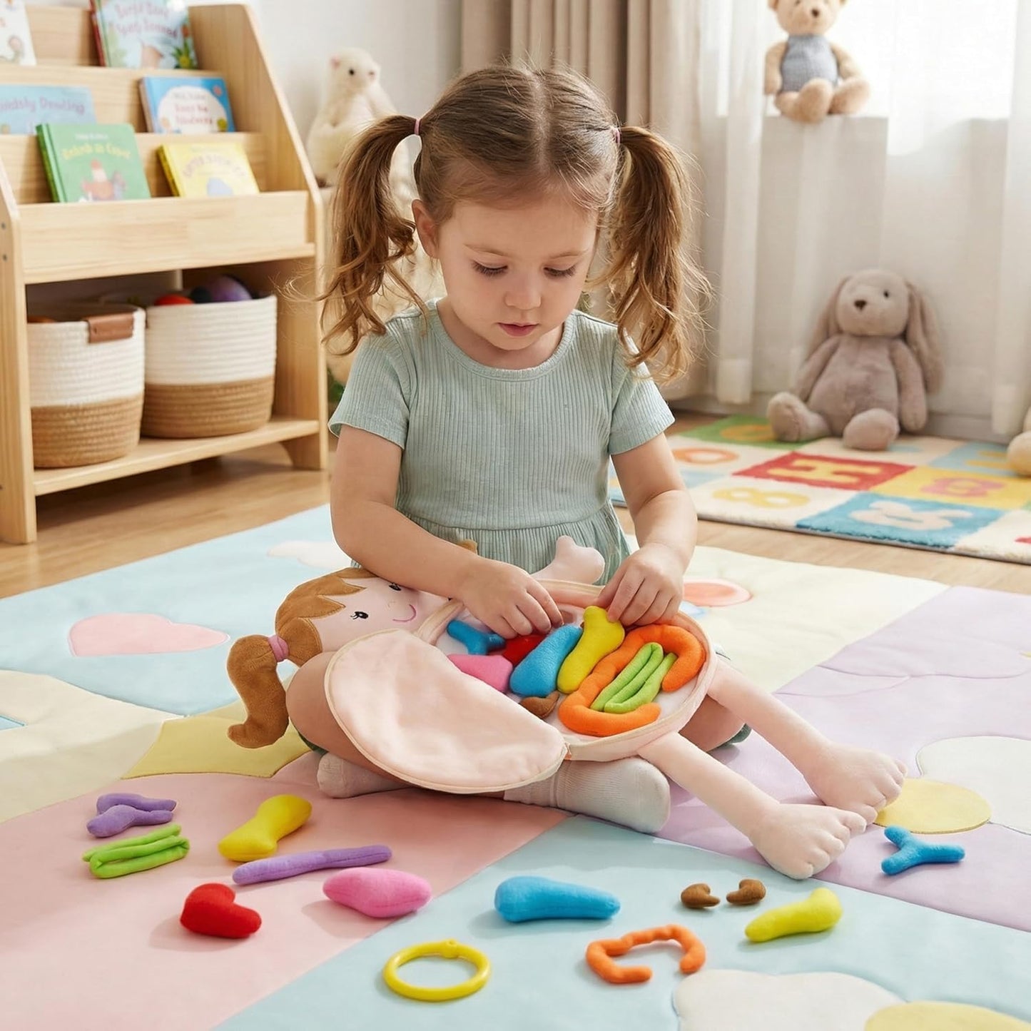 June Garden 16" Dressy Friends Bunnie - Educational Stuffed Plush Doll for Kids and Toddlers 2 Years and Up - Montessori Soft Toy Doll