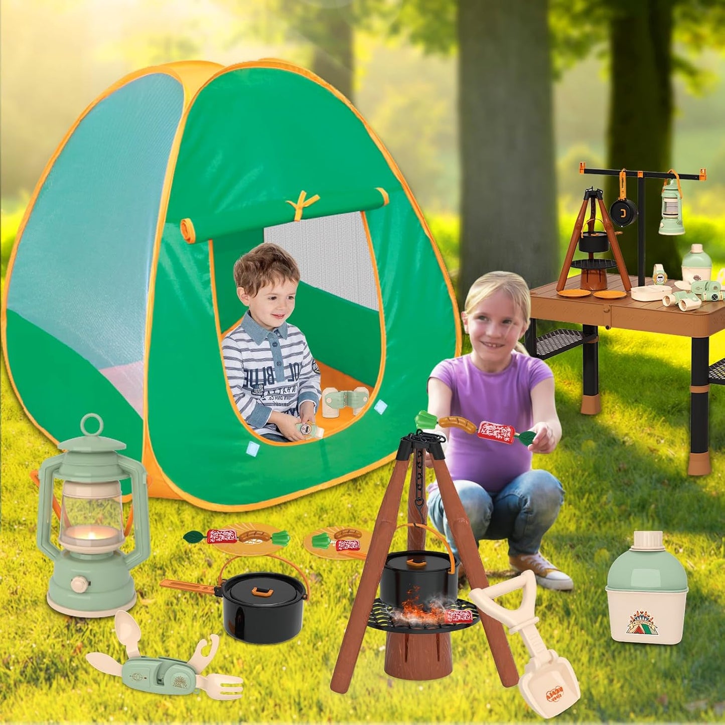 Fistone 50pcs Kids Camping Set with Folding Storage Table & Tent - Includes Projector Flashlight, Toddler Toys for Boys with Campfire, Pretend Play Camping Set with Food Toy, Ideal for Gift