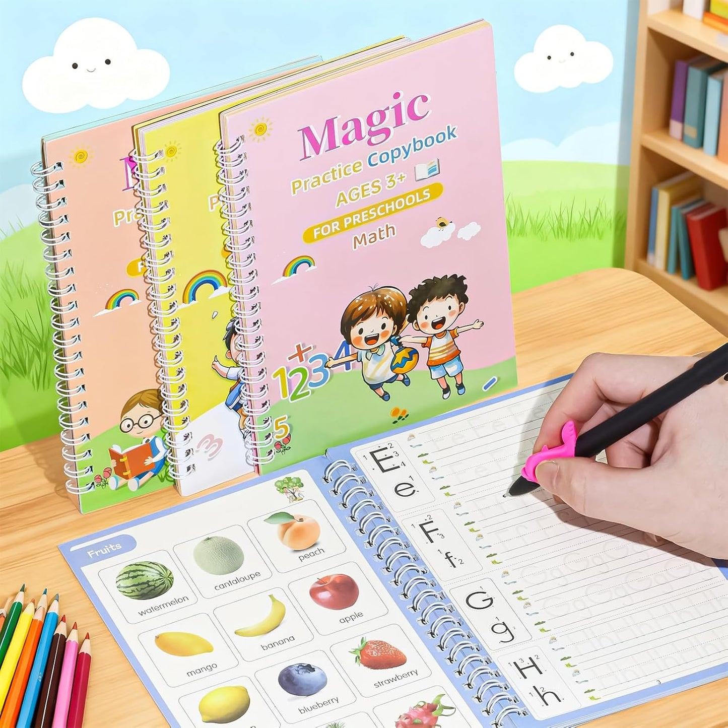 Magic Grooved Writing Practice Books, Handwriting Practice Magic Copybook for Kids Ages 3-8, Large Grooved Writing PracticeBook Aid Magic Pen Reusable Letter Learning Kit, Kindergarten Workbooks
