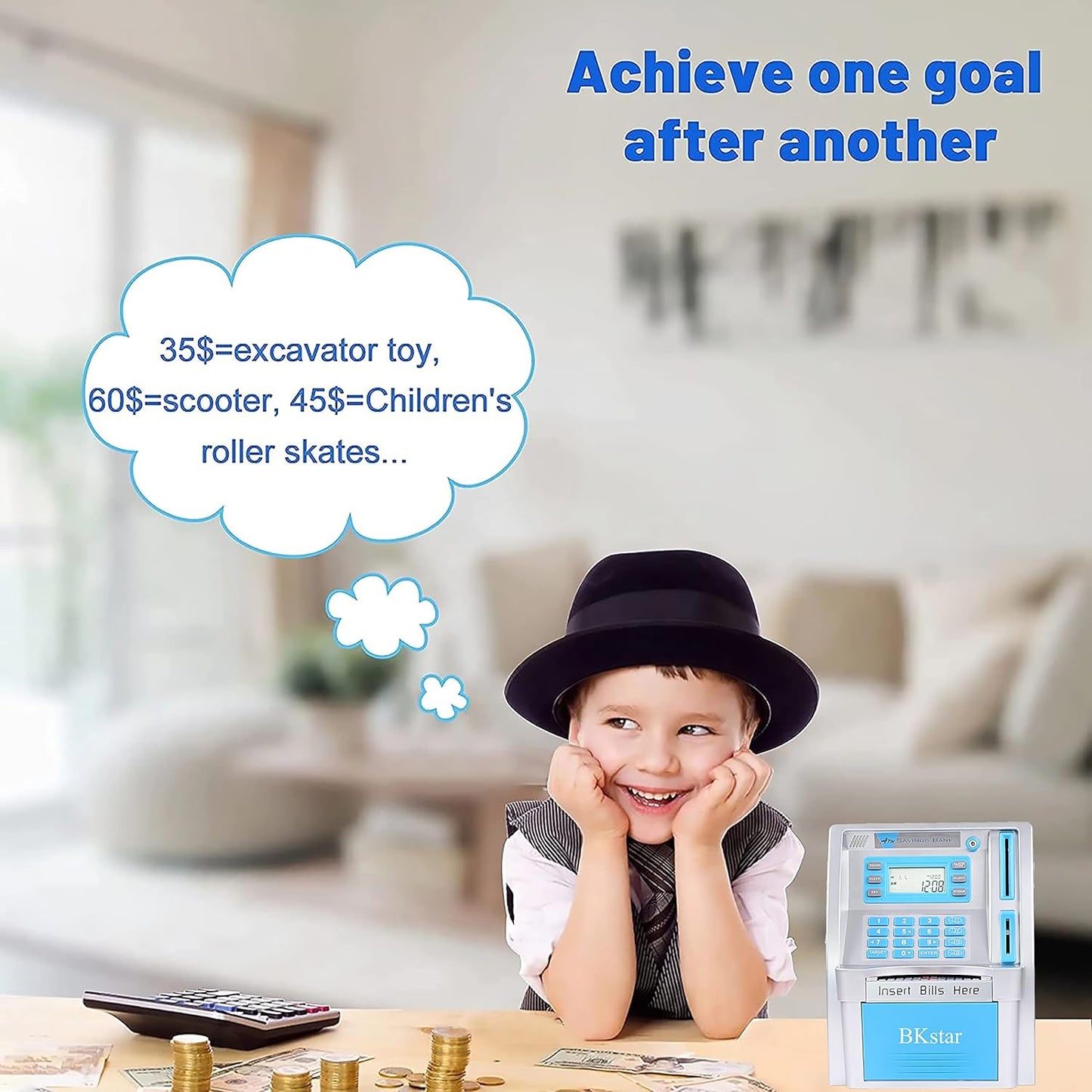 BKstar ATM Piggy Bank for Kids - Talking Electronic Money Bank with Debit Cards & Digital Coin Counter for Real Money, Boys Girls