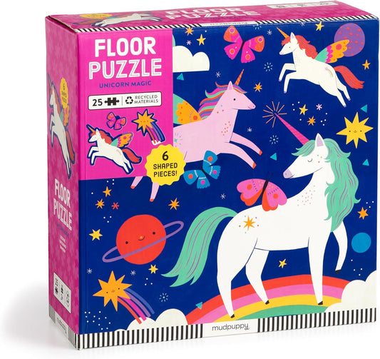 Mudpuppy Unicorn Magic – 25 Piece Floor Puzzle with 6 Colorful Shaped Pieces Featuring A Magical Trio of Unicorns