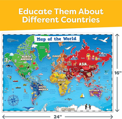 Momo & Nashi United States Map For Kids & World Maps For Kids 2pc Set - 24” x 16” Waterproof Classroom Posters - Childs World Map - Teacher Classroom Must Haves - Homeschool Teacher School Supplies