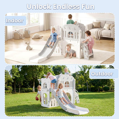 OLAKIDS Toddler Slide and Swing Set, 7 in 1 Kids Indoor Outdoor Playground with Climber Basketball Hoop Telescope Toy Storage for Boys Girls Aged 1+ (Grey)