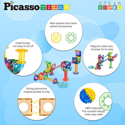 PicassoTiles Marble Run 60 Piece Race Track Magnetic Tiles Magnet Building Block Educational Construction Toy Set Playset STEM Learning Kit Child Brain Development HandEye Coordination Training PTG60
