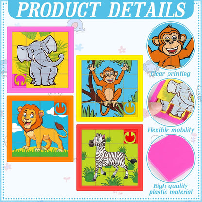 Simgoing 24 Pieces Animals Slide Puzzle Fun Brain Teaser Toys Games Monkey Zebra Lion Elephant Cute Pattern, Develops Problem-Solving Skills for Homeschool Classroom VBS Learning, 2.4 x 2.4 Inch