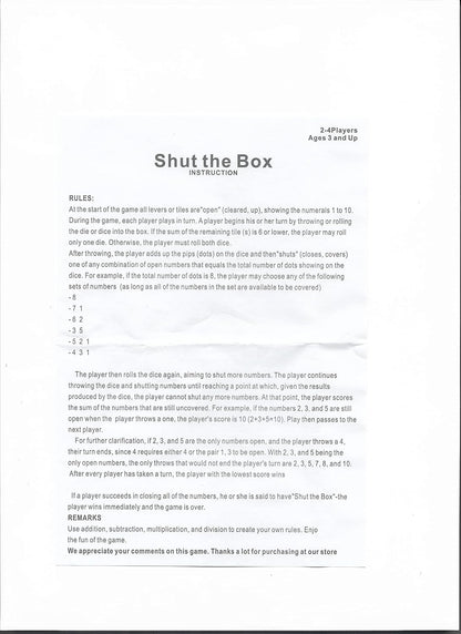 1-4 Players Shut The Box Dice Game, 10 Numbers Traditional Wooden Pub Bar Board Family Table Mat Game Dice for Adults