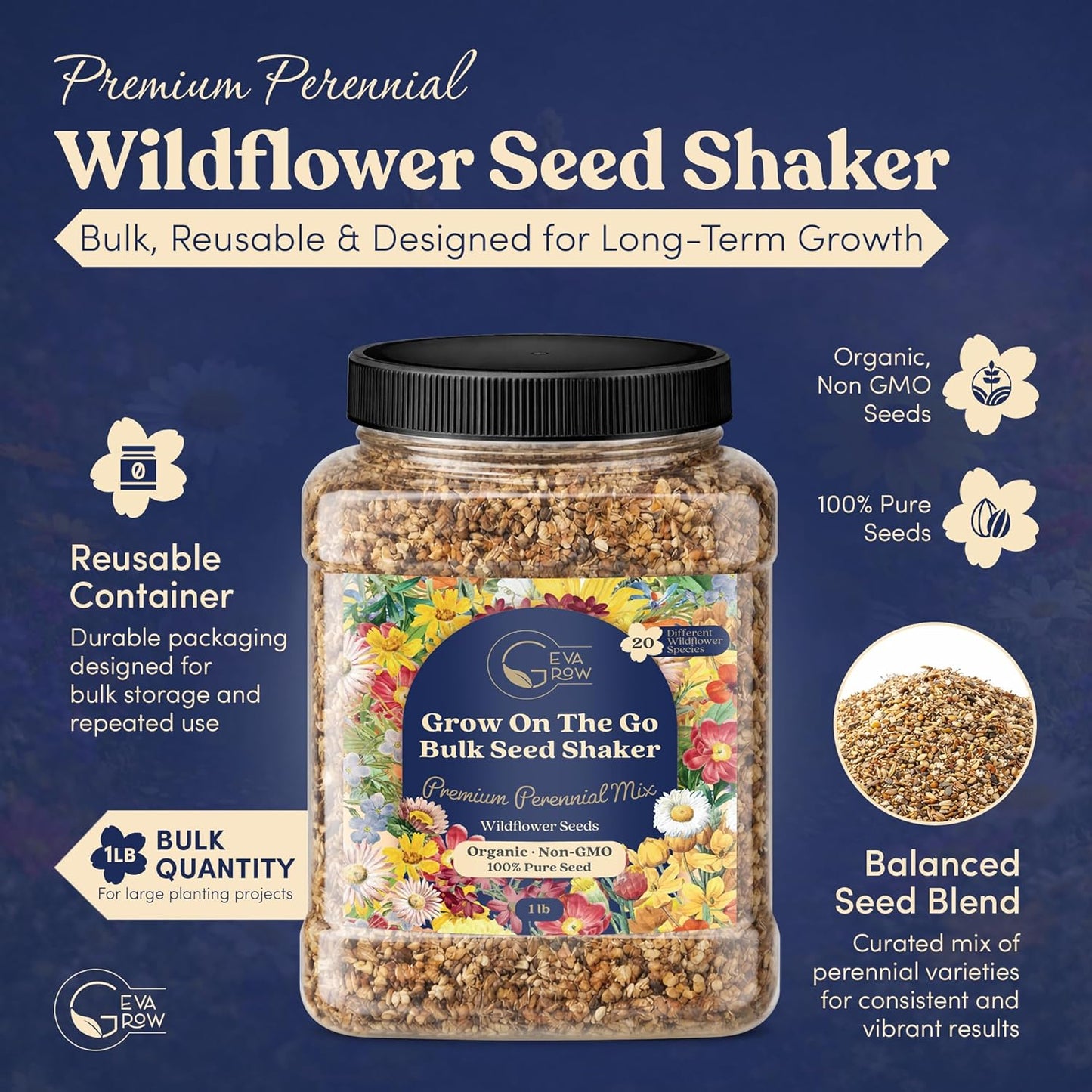 Mini Wildflower Seed Shaker - Save The Bees Seed Mix, by GevaGrow | 80,000+ Seeds | Pollinator & Bee Attracting Flower Seeds Bulk for Planting in Pots & Outdoor Gardens | 2 Ounce