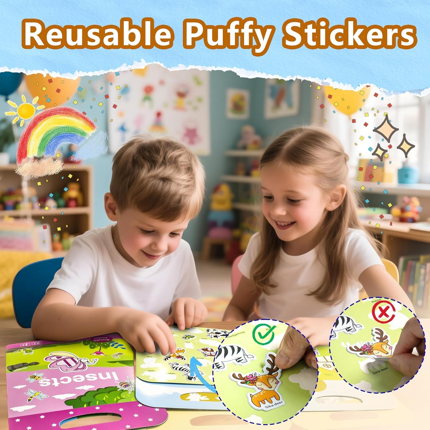 Reusable Sticker Books for Toddlers 1-3, Puffy Stickers Book for Kids Ages 2-4, Toddler Travel Activities Book Toy for Birthday Christmas - Christianity Jesus, Noah's Ark, Fairy Tales(3 Set)