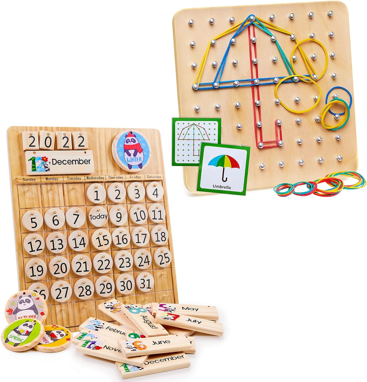 Panda Brothers Set of 2 Toys: Wooden Geoboard & Wooden Calendar. Montessori Toys for Kids, Wooden Toys, Sensory Toys for 3 4 5 Year Old, Busy Board, Preschool Classroom STEM Toys