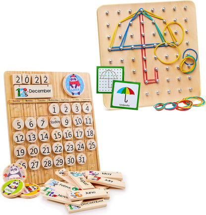 Panda Brothers Set of 2 Toys: Wooden Geoboard & Wooden Calendar. Montessori Toys for Kids, Wooden Toys, Sensory Toys for 3 4 5 Year Old, Busy Board, Preschool Classroom STEM Toys