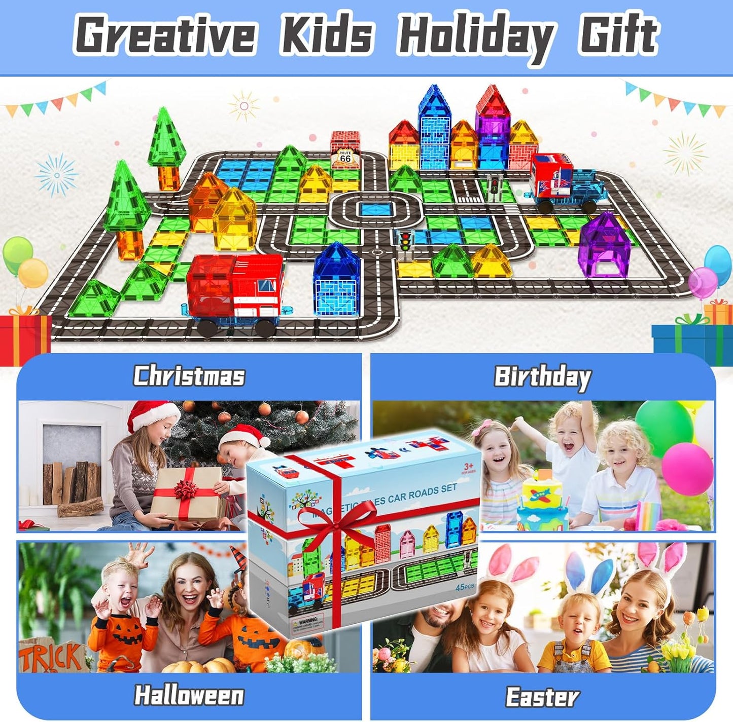Magnetic Tiles, Magnetic Blocks Engineering Construction Vehicle Road Set, Toddler Toys for 3 4 5 Year Old Boys Girls Montessori Preschool Classroom Must Haves STEM Educational Kids Toys Birthday Gift