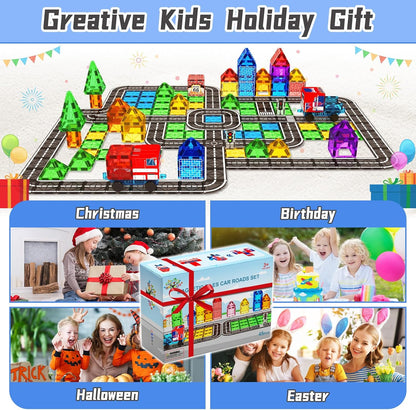 Magnetic Tiles, Magnetic Blocks Engineering Construction Vehicle Road Set, Toddler Toys for 3 4 5 Year Old Boys Girls Montessori Preschool Classroom Must Haves STEM Educational Kids Toys Birthday Gift