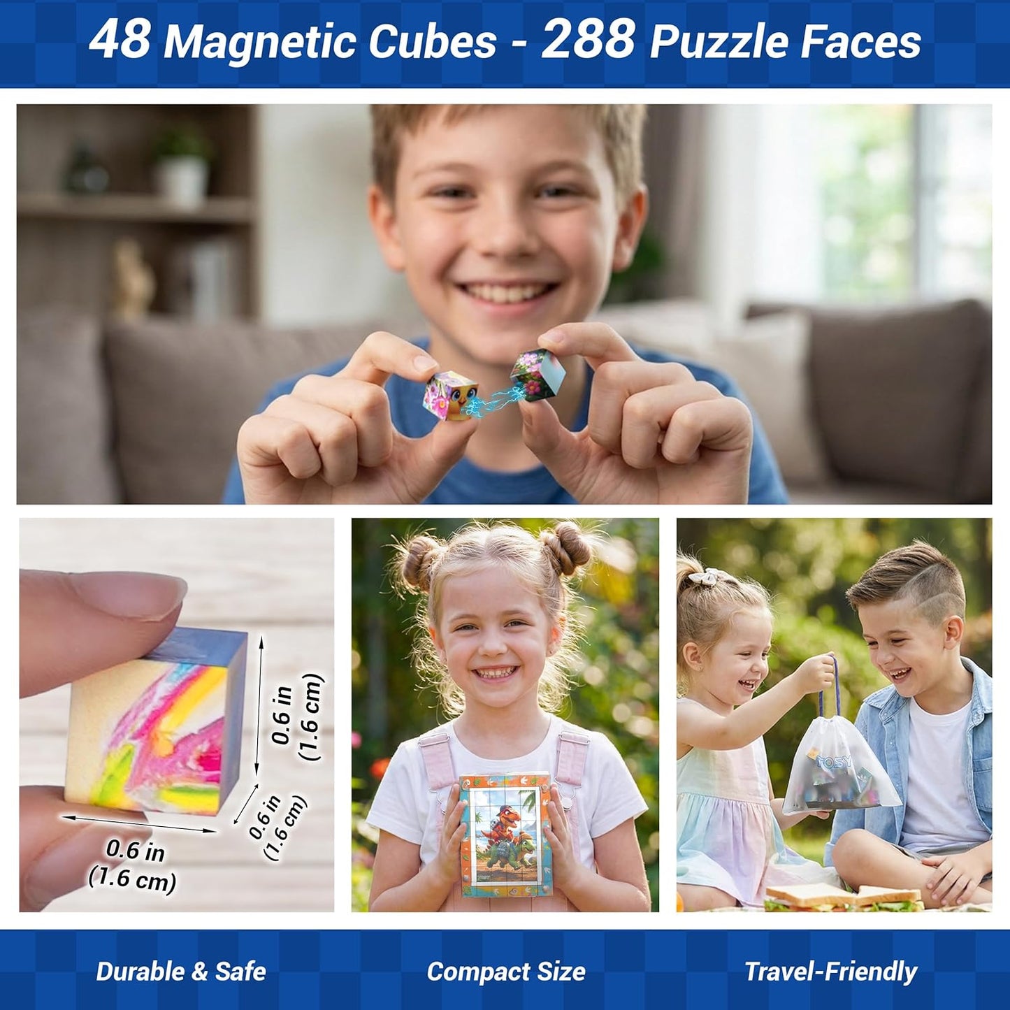 TOSY Picture Cube Cute Dino: 6-in-1 Magnetic Picture Puzzle, Easter Basket Stuffers STEM Gift for Kids & Adults, 48 Blocks, 288 Faces/Magnets, 0.6 in, B021, Seamless UV Art, Display-Ready Frame