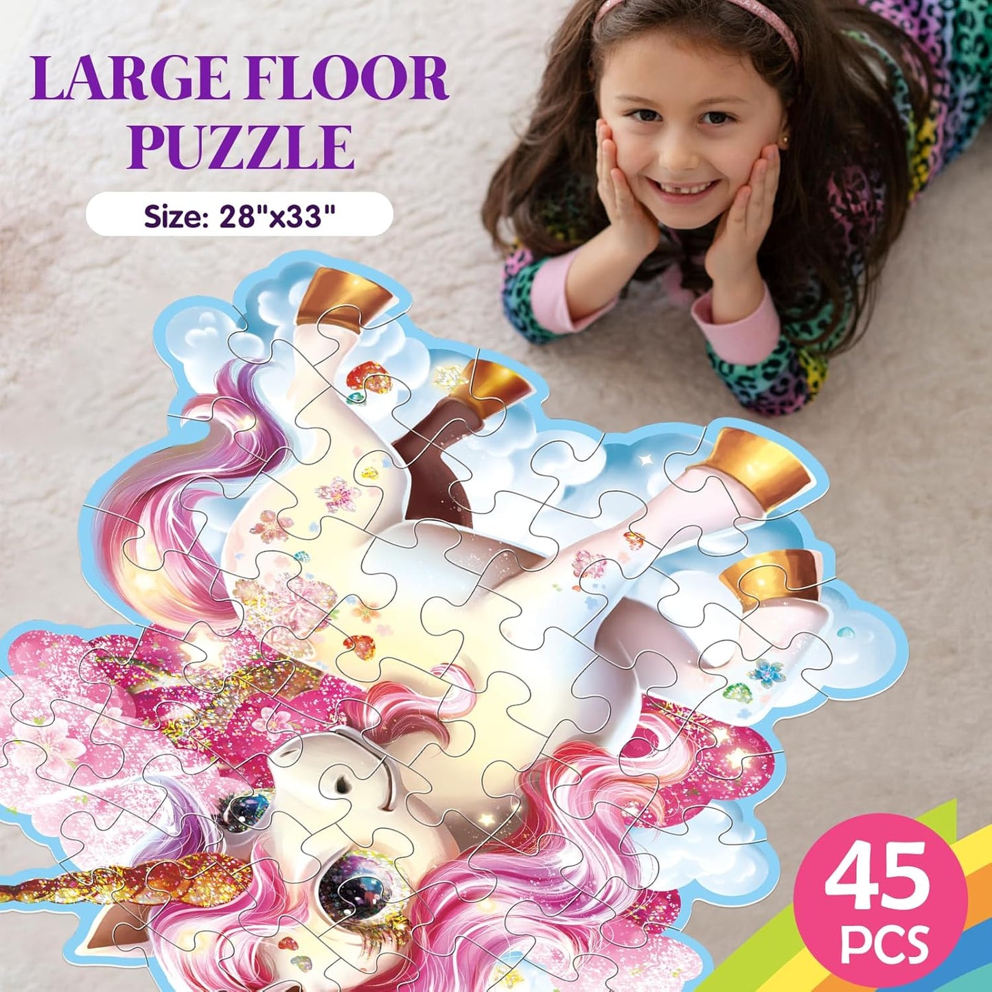 Jumbo Floor Puzzle for Kids,48 Piece Unicorn Large Jigsaw Puzzles,Puzzle for Toddler Ages 3-5,Fun Educational Preschool Learning Toy Easter Gift for Boys & Girls Ages 4-8