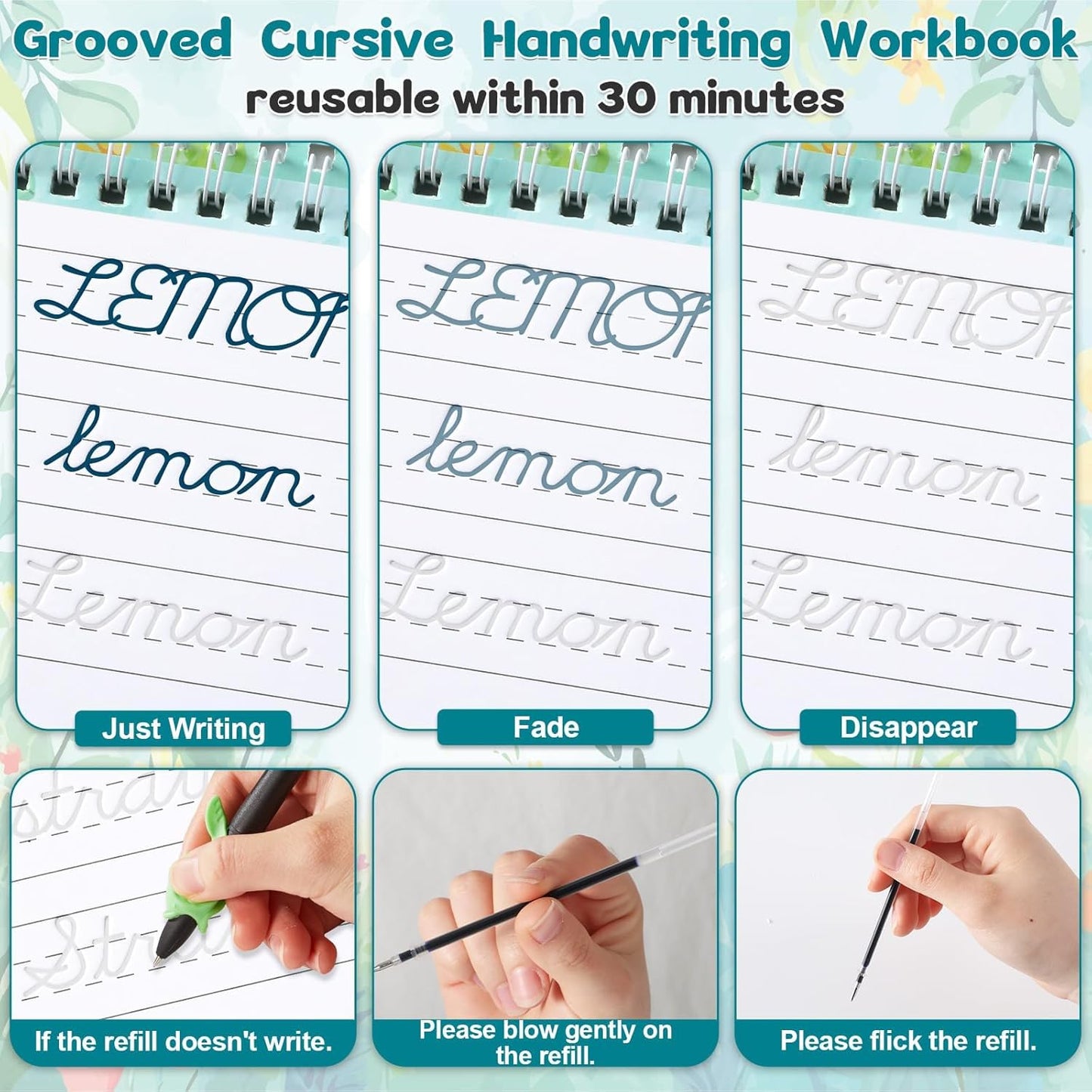 gisgfim Grooved Cursive Handwriting Workbook Magic Reusable Grooved Cursive Handwriting Practice Guided Tracing with Disappearing Ink Pens for Beginners Kids Learning Activities Supplies (Sentence)