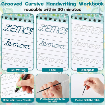 gisgfim Grooved Cursive Handwriting Workbook Magic Reusable Grooved Cursive Handwriting Practice Guided Tracing with Disappearing Ink Pens for Beginners Kids Learning Activities Supplies (Sentence)