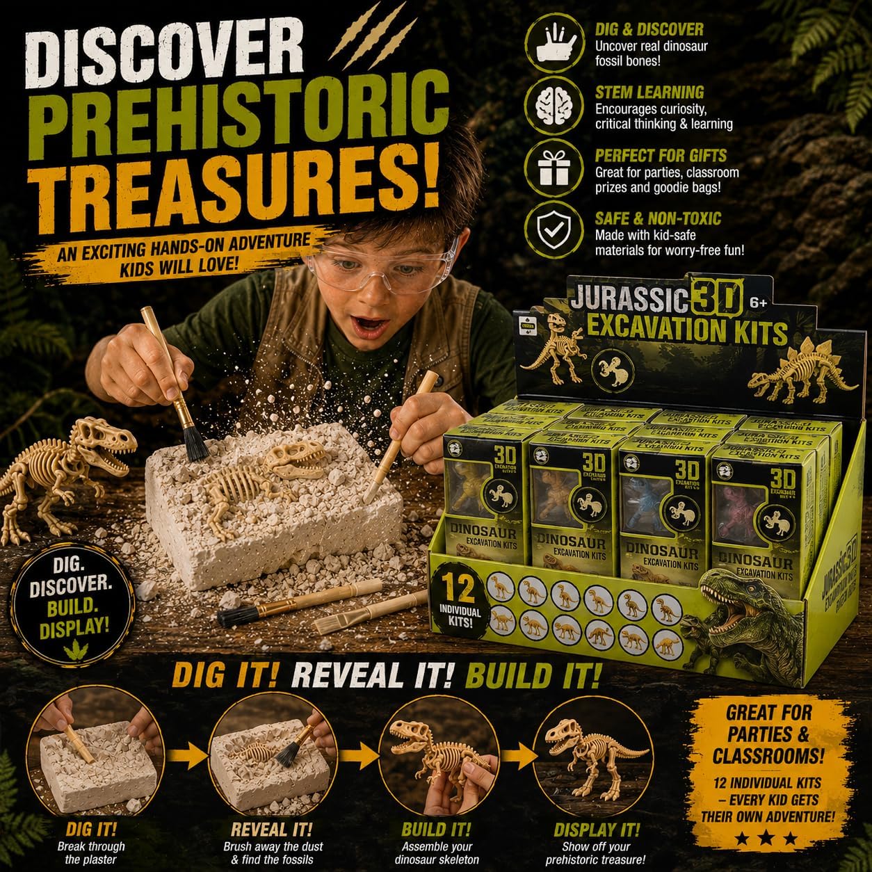 12 Pack Dinosaur Excavation Dig Kit for Kids, Dino Fossil Dig Kits with 3D Skeleton Toys, Bulk STEM Science Paleontology Archaeology Educational Toys, Birthday Party Favors for Boys Girls