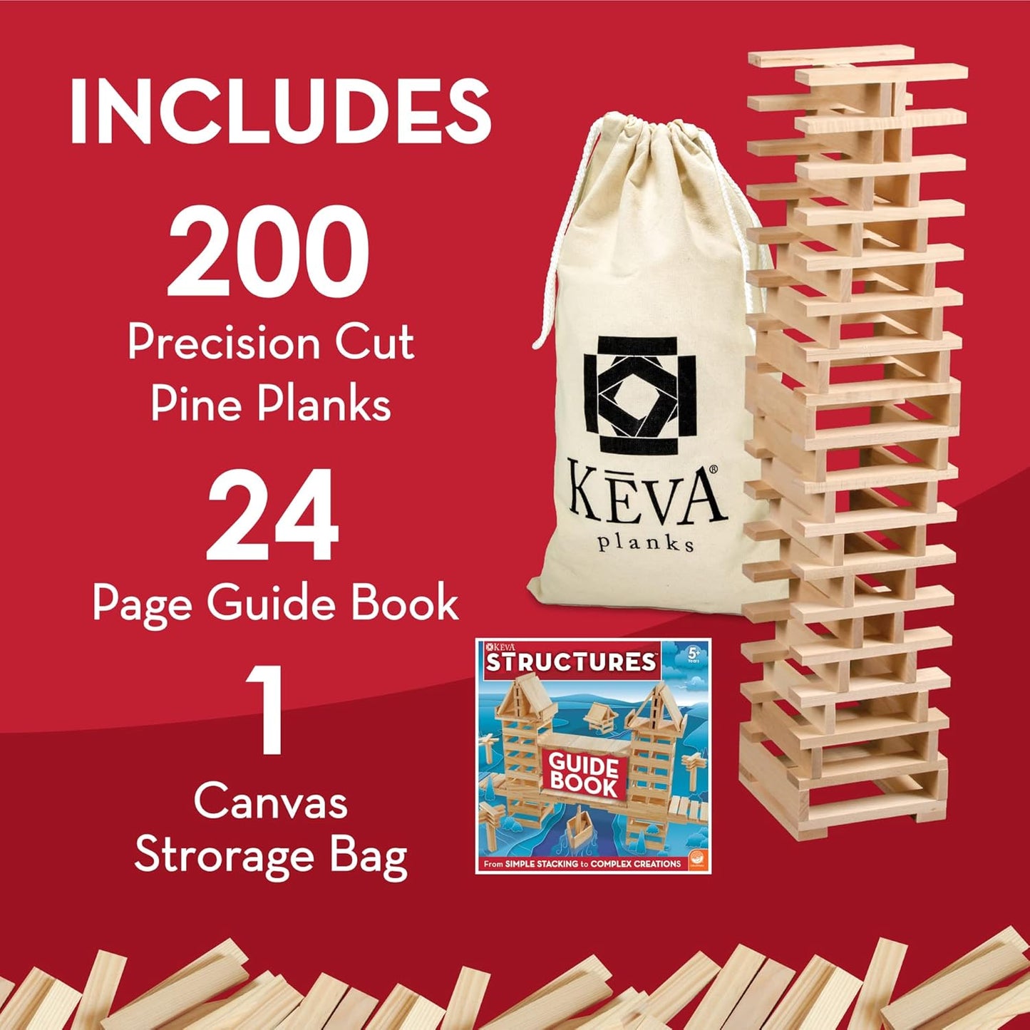 KEVA Structures 200 Wood Building Planks Set - Building Toy Includes 200 Wooden Blocks and Idea Book - Ages 5 and Up