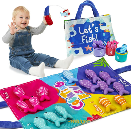 Montessori Toys for 1 Year Old, 11 in 1 Cloth Fishing Game Easter Basket Stuffers for Toddler Toys 1-3, Soft Learning Toy with Stacking Cups, Fine Motor Skills & Color Recognition for Boys & Girls