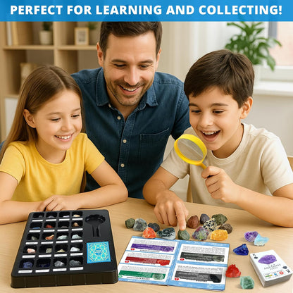 PIBEX Rock Collection Starter Kit - 54 Pcs Assorted Gemstones, Crystals, Rocks & Minerals, with Learning Book & ID Cards, Earth Science Kit Toy, A Geology Gift for Kids & Adults Ages 8+