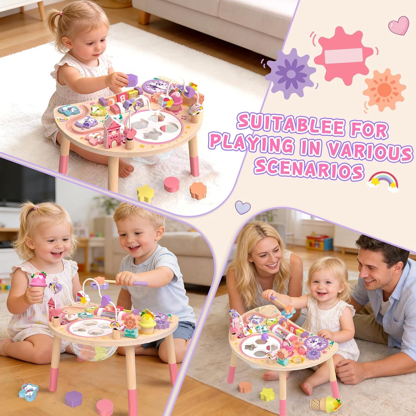 Wooden Activity Table for Toddlers 1-3, Unicorn 10-in-1 Montessori Busy Board with Bead Maze Shape Matching Gears Clock, Sensory Learning Toys for 1 2 3 Year Old Girls Boys Birthday Gift