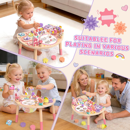 Wooden Activity Table for Toddlers 1-3, Unicorn 10-in-1 Montessori Busy Board with Bead Maze Shape Matching Gears Clock, Sensory Learning Toys for 1 2 3 Year Old Girls Boys Birthday Gift
