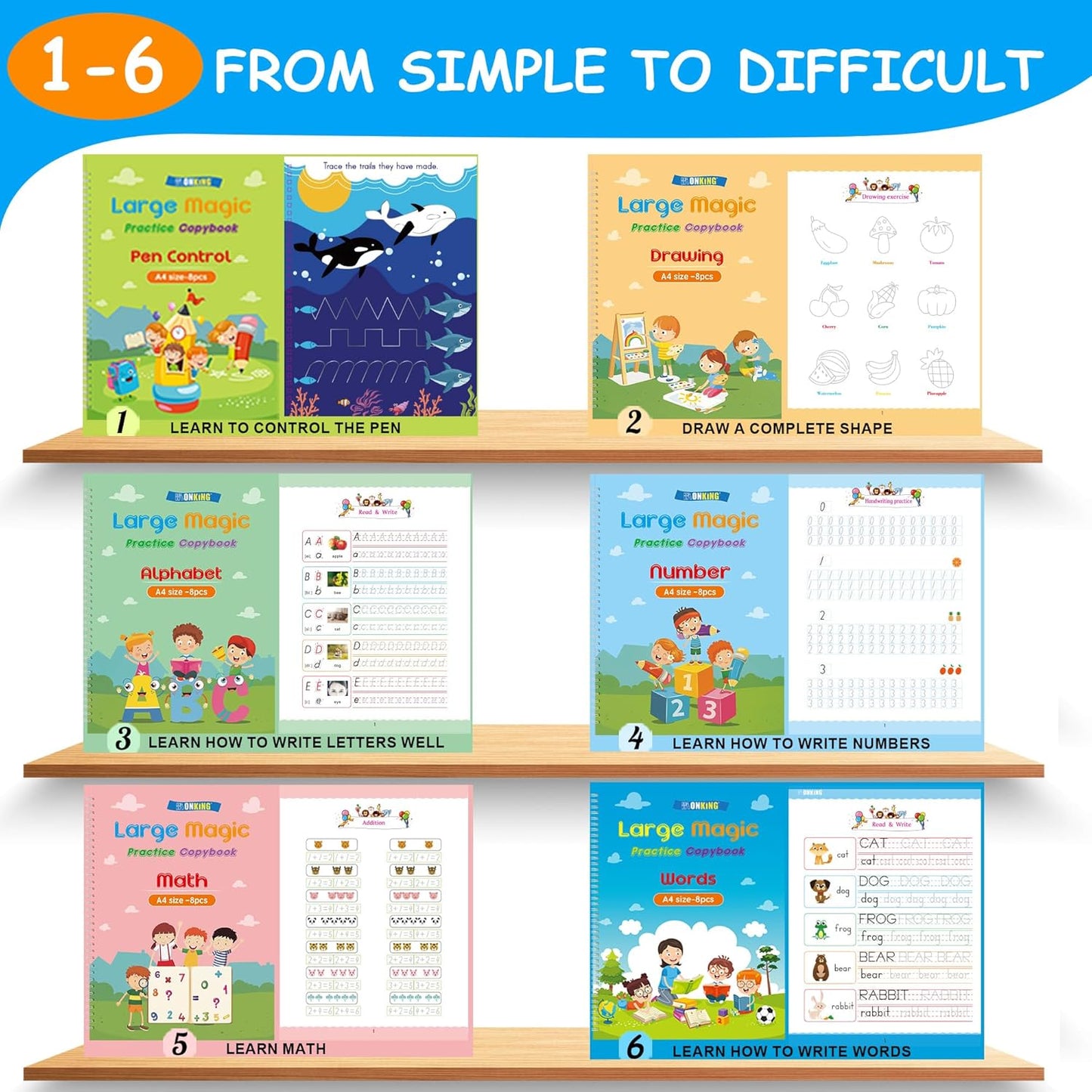 Large Magic Practice Copybook for Kids,Handwriting Grooved Practice Book 6 Pack with Pen Refill English Cursive Calligraphy Reusable Age 3-8（A4 Size）