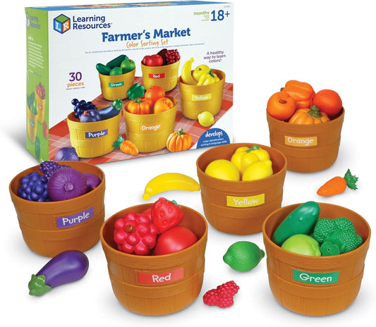 Learning Resources Farmer's Market Color Sorting Set - Pretend Play Food Sets for Kids Kitchen, Color Sorting Toys, Plastic Fruit and Vegetable Toy for Kids Kitchen Set, Play Food for Toddlers 1-3