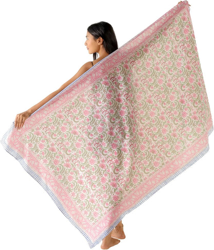 100% Cotton Sarong Cover Up for Women Indian Block Print Beach Wrap Skirt Long Boho Swimsuit Bikini Pareo (73” x 43”)
