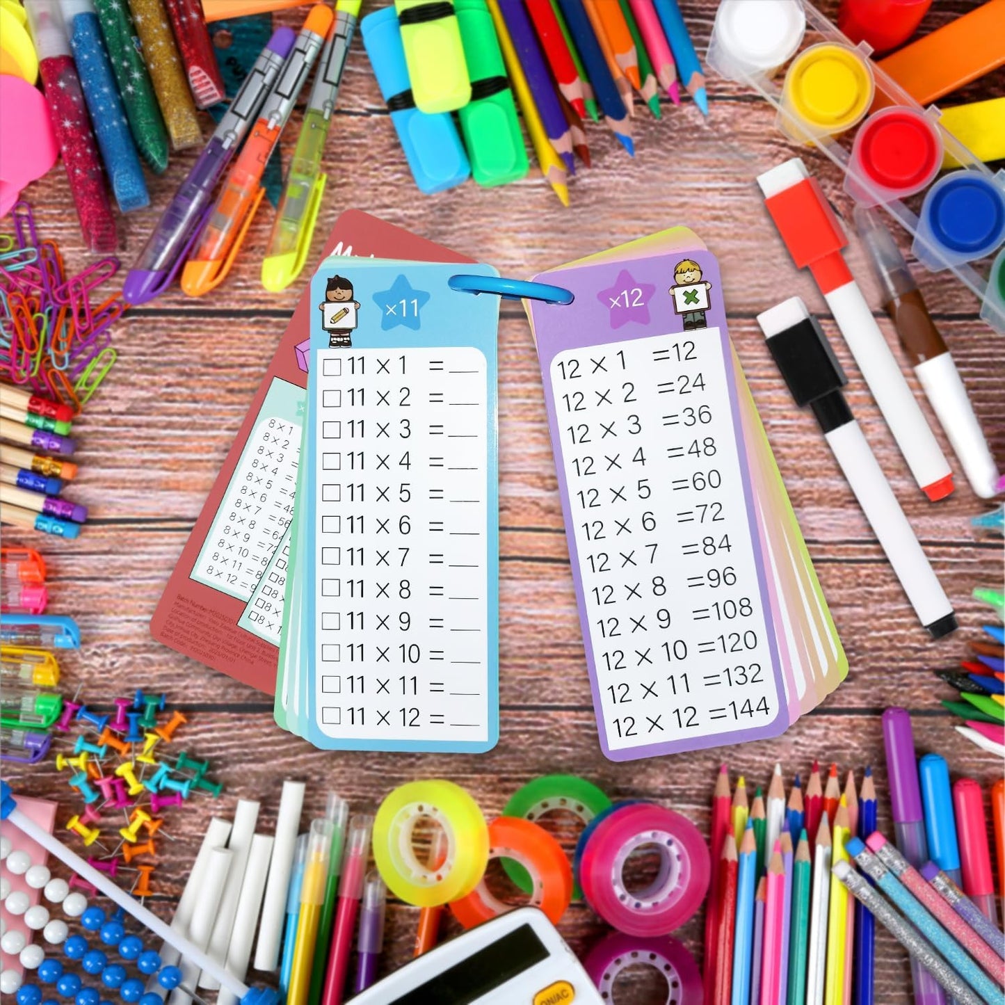 0-12 Multiplication Flash Cards, Large Educational Math, Times Table Flashcards Chart, with 15 Cards, 2 Dry Erase Markers, 1 Rings, Educational Multiplication for Classroom Home