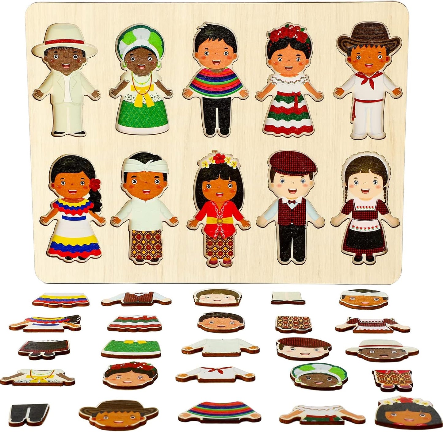 Kathfly Wooden Multicultural Doll Puzzles for Kids Interchangeable Dress Up Diversity Wood Peg Puzzles for Preschool World