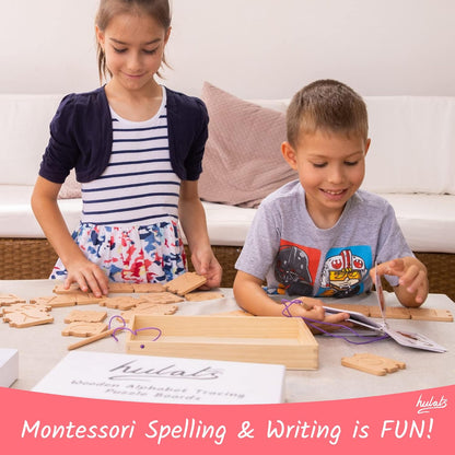 Hulats Learn to Write: Portable Wooden Alphabet Letter Tracing Sensory Pad Board - Toddler Writing Practice for Kids Age 3-5, Montessori Toys for 3+ Year Old, Letter Tracing for Kids 3-5 Writing Tools