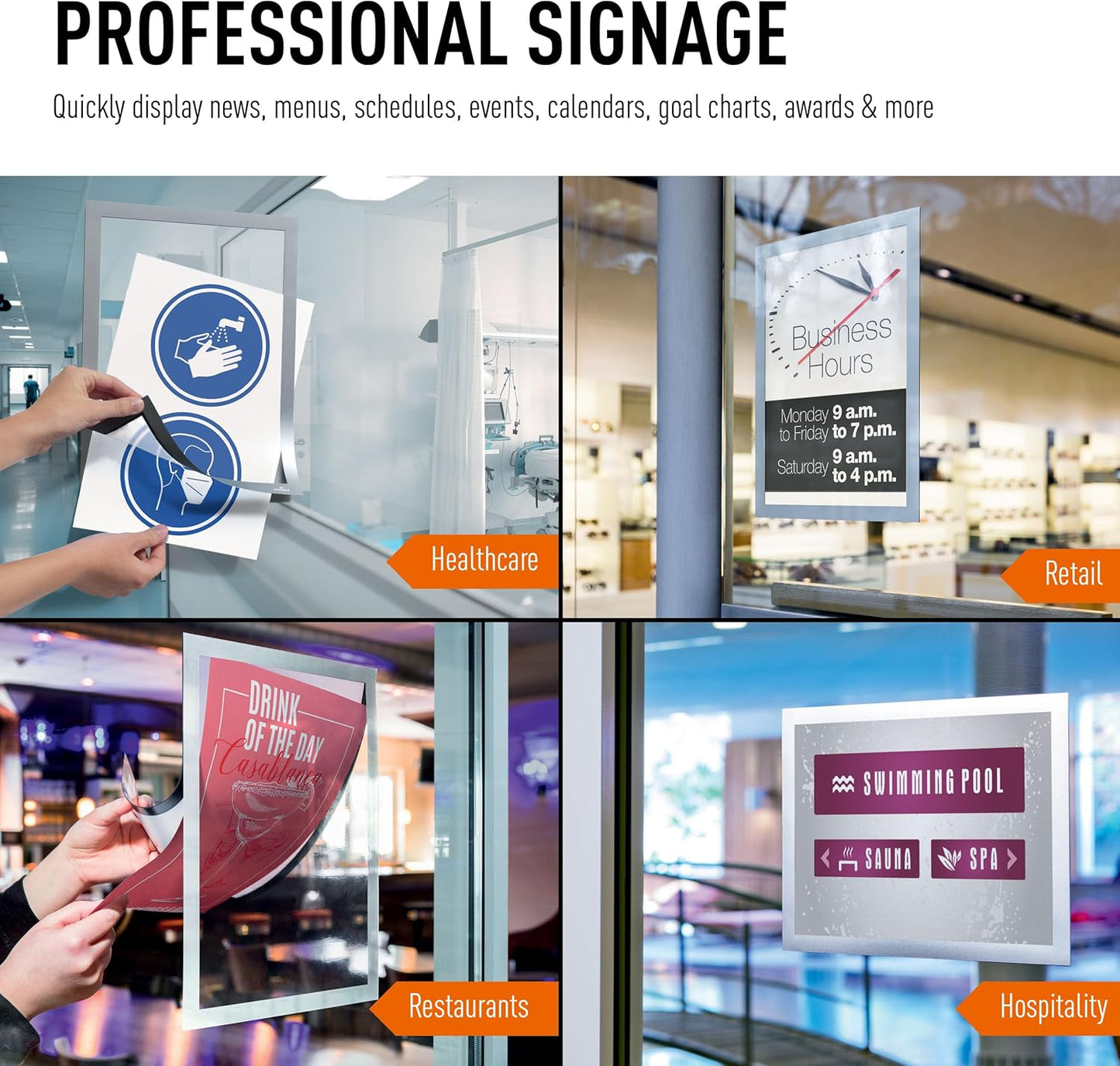 Durable Duraframe Self Adhesive Magnetic Sign Holder in Half Letter-Size 5.5" x 8.5" Inches - Black Frame - Pack of 2