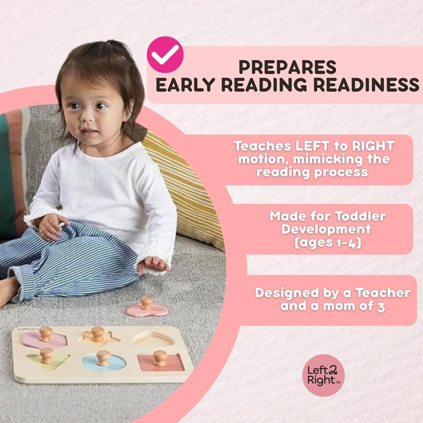 LEFT2RIGHT Wooden Puzzle for Toddlers 1-3 | Montessori Puzzle for 2 Year Old | Best Educational Puzzle for Motor Skills & Sensory Learning | Wooden Peg Puzzles for Toddlers 1-3 Transportation Edition