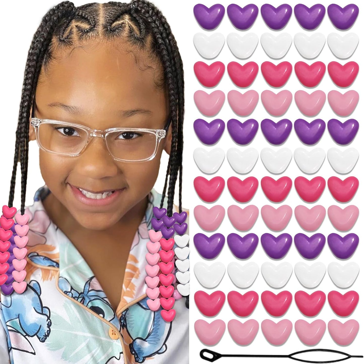 90PCS Heart Hair Beads for Braids Blue Pink Loc Dreadlock Valentine's Day Bead Accessories Purple Cute Acrylic Heart Shape Beads for Kids Girls