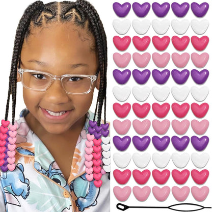 90PCS Heart Hair Beads for Braids Blue Pink Loc Dreadlock Valentine's Day Bead Accessories Purple Cute Acrylic Heart Shape Beads for Kids Girls
