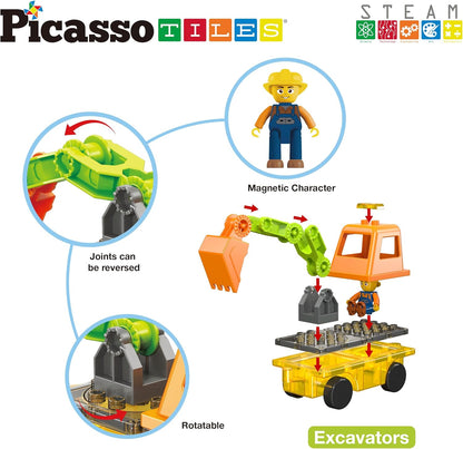 PicassoTiles Magnet Tile Construction Themed Building Blocks 5-in-1 Crane, Ladder, Dump Truck, Excavator, and Backhoe Action Figures, 2 Car Base Vehicles Magnetic Tiles Learning Toys Kids Ages3+ PTU06
