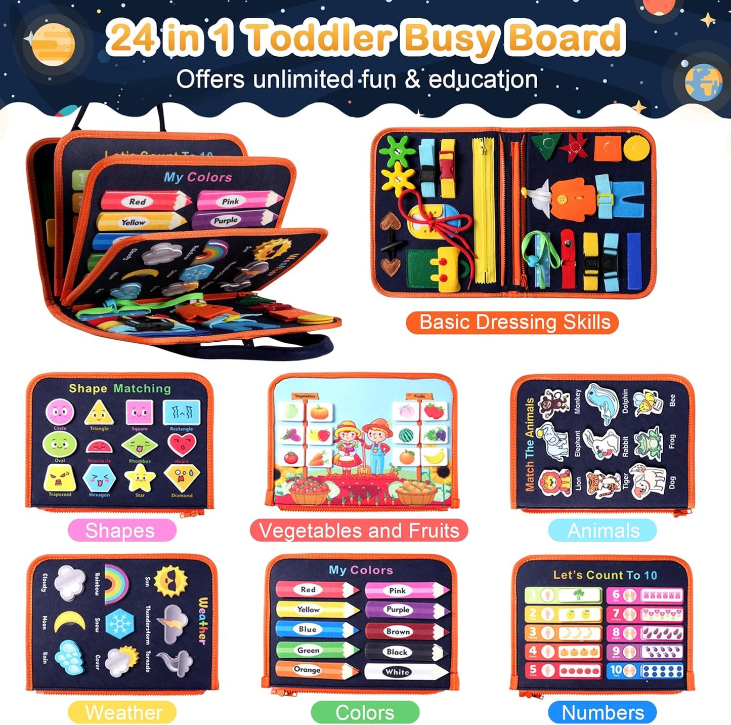 Teefrye Toddler Busy Board Montessori Toys for Toddlers 1-3 Year Old Educational Activity Book Board Sensory Travel Toys Ages 3-5 Preschool Learning Fine Motor Skills Toy Quiet Book Gift for Kids
