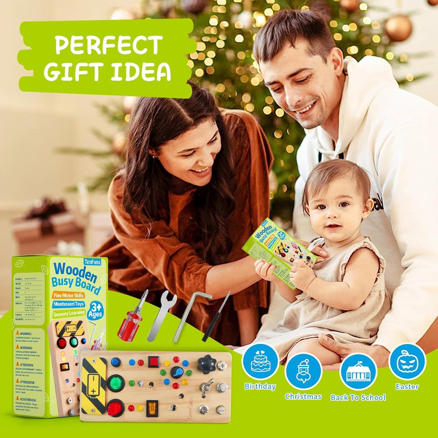 TenFans Montessori Busy Board for Toddlers 3-5 Years, Wooden Screwdriver Activity Board, Fine Motor Skills & Sensory Development Toy, Preschool Learning & Travel