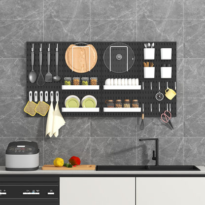 Pegboard Combination Kit, 8 Peg Boards and 30 Accessories Modular Hanging Black Pegboard for Walls, Office Wall Organizer, Keys Holder on Wall, Nursery Storage, 44"x22" Black