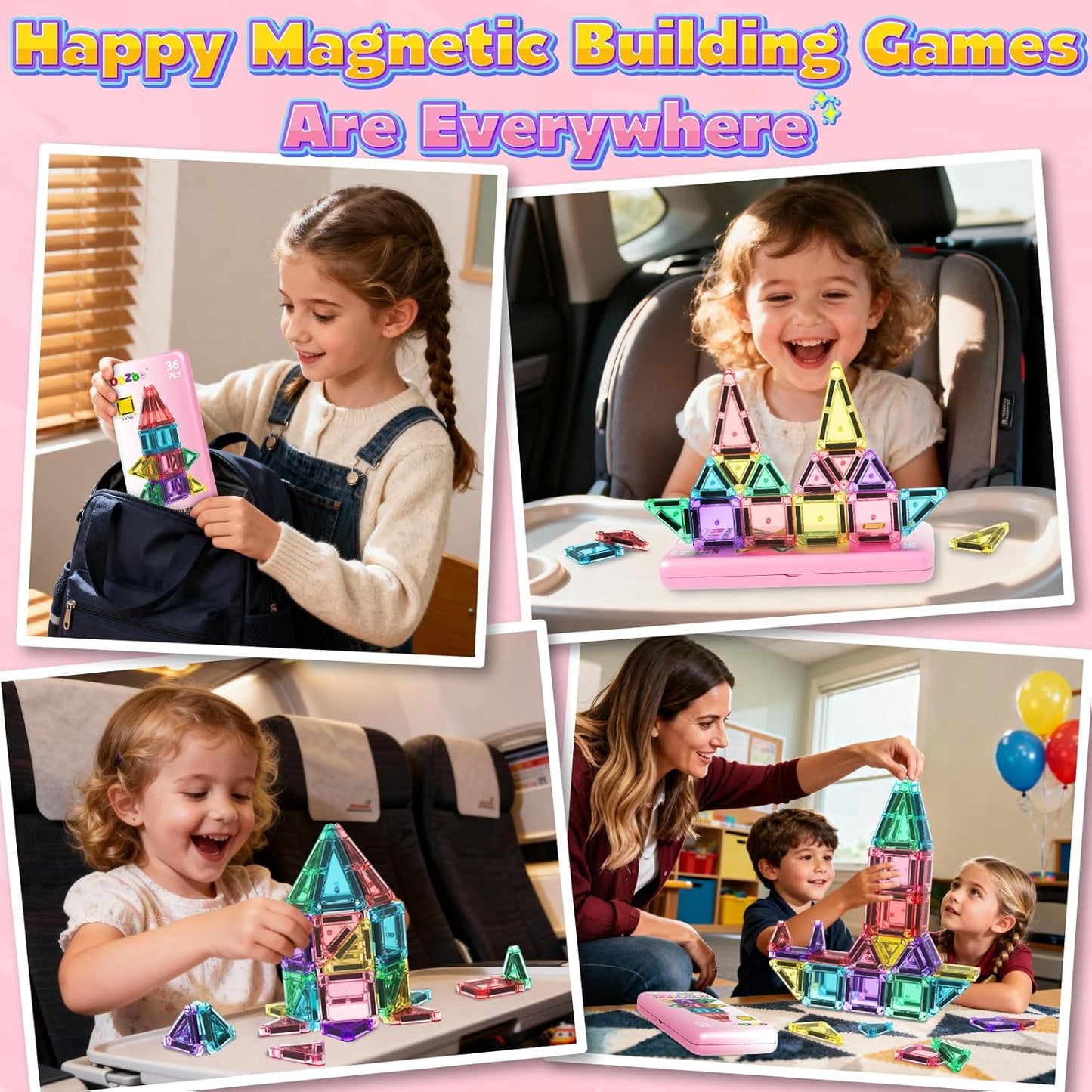 Magnetic Tiles Mini Travel Toddler Set, Magnetic Blocks Building Kids Toys & Games, Montessori Preschool Classroom Must Haves Educational Learning Sensory Toys for 3+ Year Old Boys Girls Birthday Gift