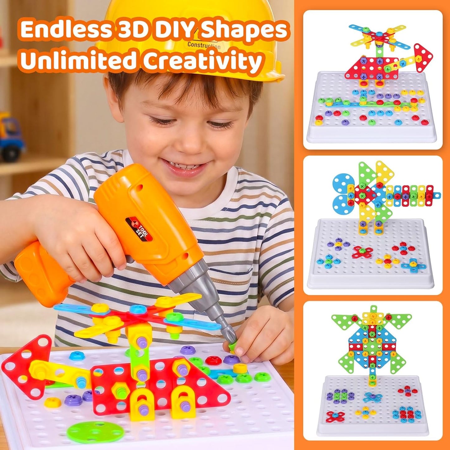 STEM Drill & Build Kit for Kids Ages 3-8 | Electric Toy Drill with 193+ Pieces (Screws, Nuts, Rainbow Fasteners) | Creative Design Construction Toys for Boys Girls | Gift for Birthdays, Christmas