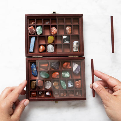 Small Portable Rock Display Case Hand-Sized, 48-Slotted Shadow Box for Gemstones or Beads Bamboo-Wood Collection Case with Plexiglass for Kids