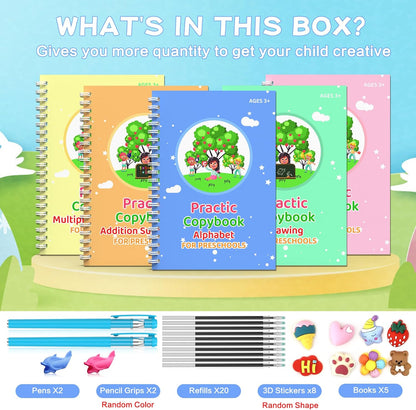 WANFRES Magic grooved Writing Practice Books Great for Beginners, 5 Books, 2 pens, 2 Pencil Grips, 20 Refills. grooved Handwriting Practice for Kids 3-10, Reusable grooved Handwriting workbooks.