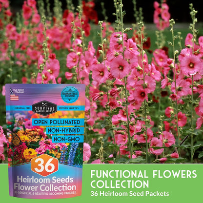 Flower Seeds Garden Kit - 36 Packs of Annual & Perennial Flowers for Planting – with Wildflowers for Pollinators, Bees, Butterflies | Heirloom Non-GMO Seed Starter Pack – Survival Garden Seeds