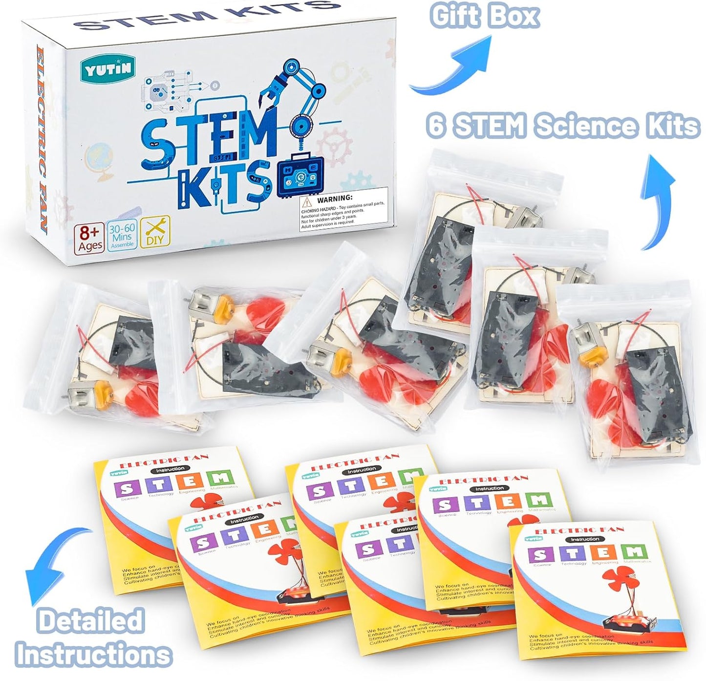 6 STEM Science Kits for Kids Age 8-12, STEM Building Toys for 8-10 Year Girls Boys Wood Crafts, Electric Fan Experiments Activities Circuit Projects, Bulk Summer Gifts for Kids Classroom Party Favors