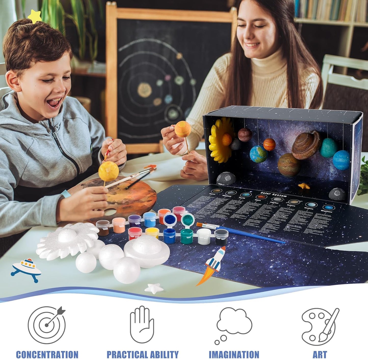 Pllieay 3D Solar System Model, Solar System Project Kit Includes Display Box, Mixed Sized Foam Balls, Color Pigments, Palette, Painting Brushes, Bamboo Sticks for Kids School Science Projects