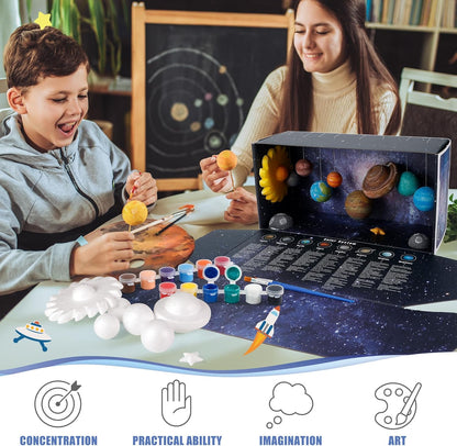 Pllieay 3D Solar System Model, Solar System Project Kit Includes Display Box, Mixed Sized Foam Balls, Color Pigments, Palette, Painting Brushes, Bamboo Sticks for Kids School Science Projects