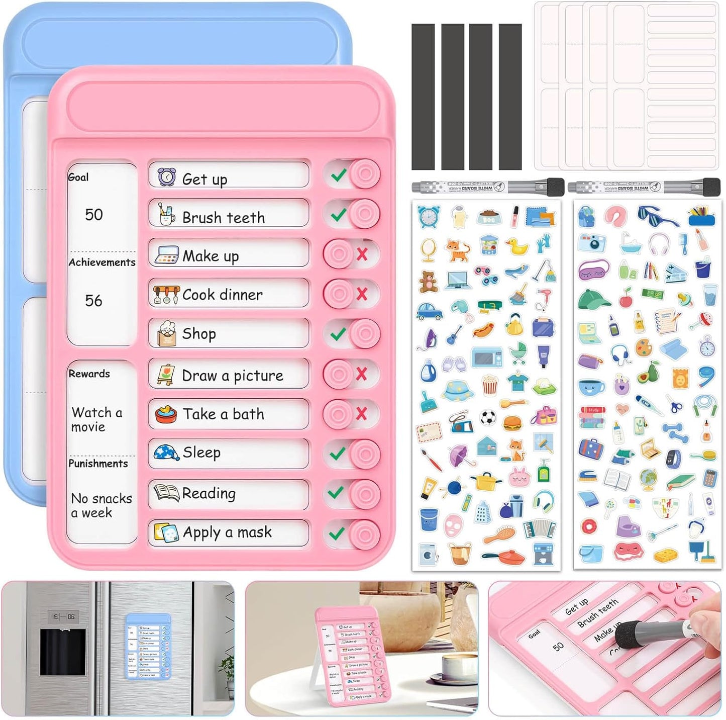 Audab Dry Erase Chore Chart for Kids, Magnetic Checklist Board, My Chores Slider Chart to Do List Board, Routine Reward Chart Schedule Board Task Tracker for Home Refrigerator, Wall, Desk (Pink)