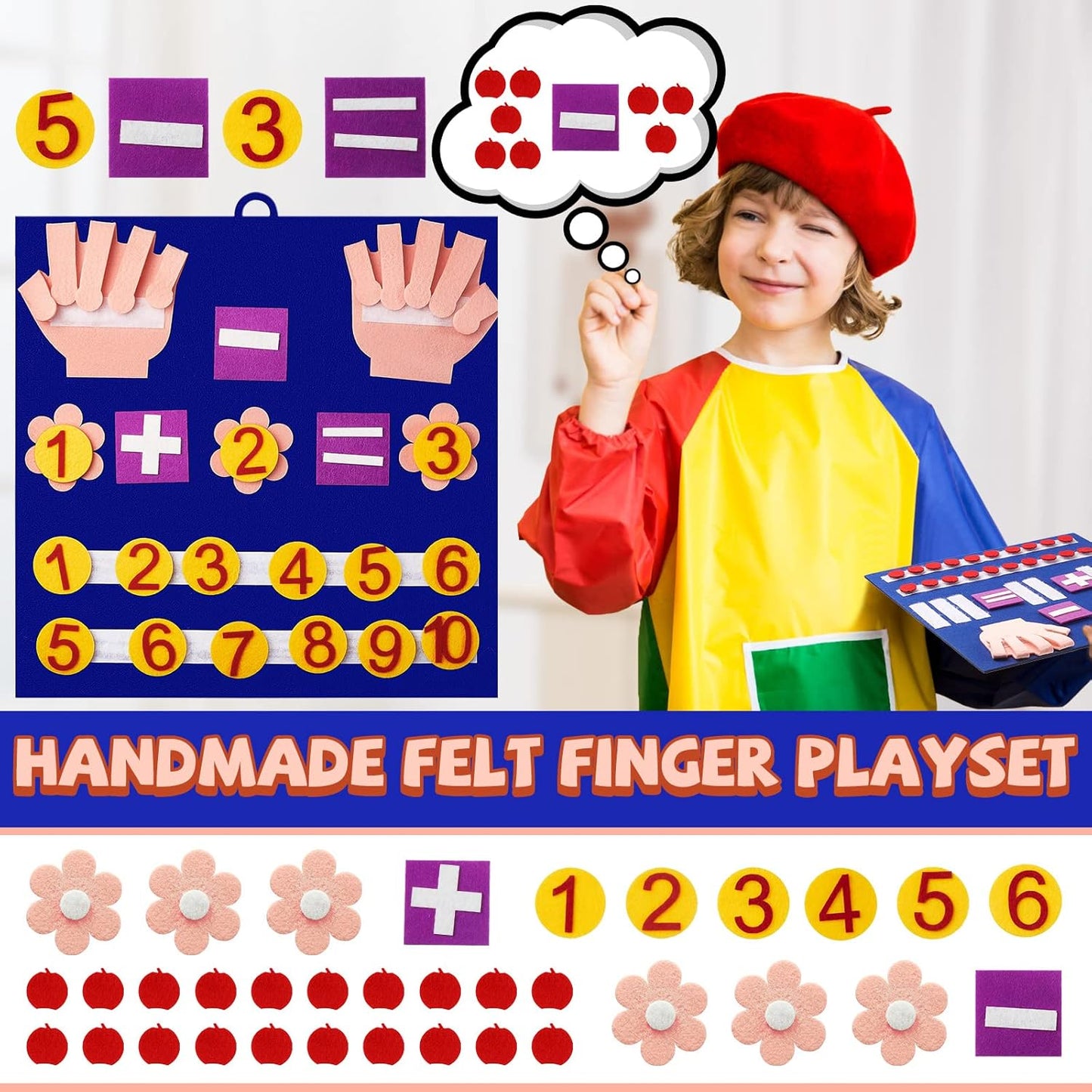 Deekin 2 Sets Handmade Felt Finger Math Toy Set Felt Math Toys Number Learning Counting Finger Boards Kindergarten Early Learning Toys Games Addition Subtraction (Skin Color)